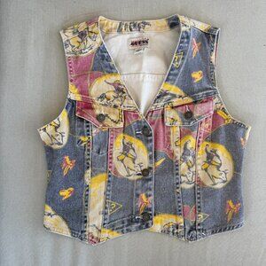 Urban Outfitters Guess Originals Printed Aged Western Denim Vest Jacket Small